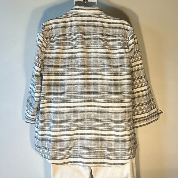 Anne Klein SZL Gray & White stripe linen Shirt Shacket Old Money Quiet Luxury - Picture 5 of 10